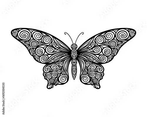 Intricate black and white butterfly design isolated on white background