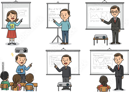 Teachers and presenters cartoon set, projector, classroom, STEM, math, science, equations, lecture, education, professional, teaching, school, visual aids