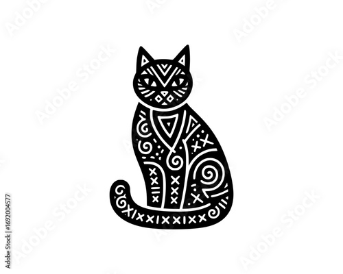 Stylized black cat with intricate tribal patterns isolated on white background
