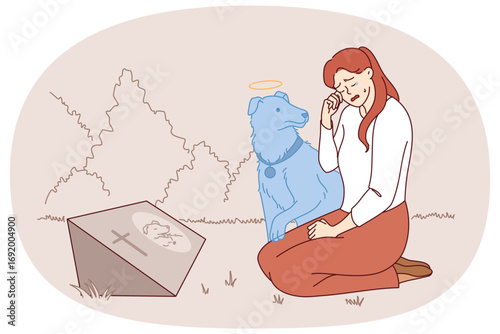 Woman cries over death of beloved dog, sits near gravestone and feels presence of pet soul. Girl is grieving after death of dog, needs support or purchasing new puppy to fill emptiness in soul