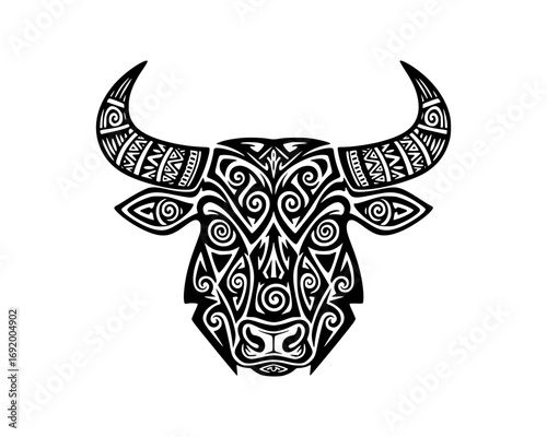 Tribal bull head with intricate patterns isolated on white background
