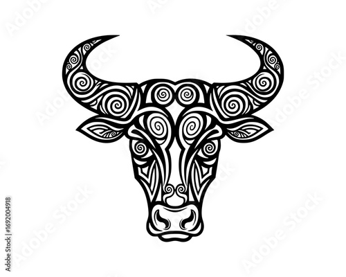 Intricate tribal bull head design isolated on white background