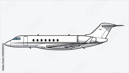 Side profile illustration of a modern private business jet isolated on a white background. Vector graphic of a luxury corporate airplane for executive air travel