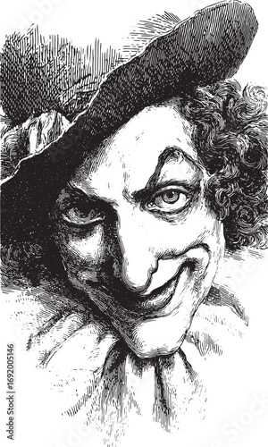 Clown face with curly hair, hat and strong expression. Vintage ink sketch with detailed texture. Black and white portrait vector illustration.