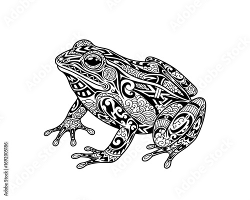 Intricate tribal patterned frog isolated on white background