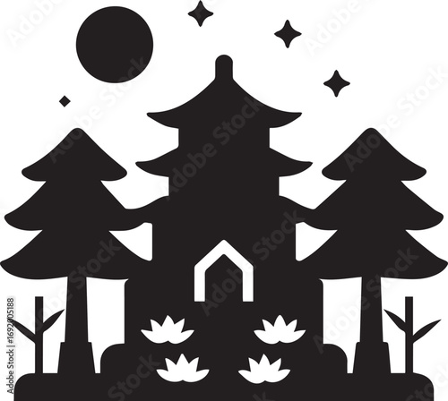 Silhouette icon of a traditional Asian pagoda temple at night with a full moon, stars, pine trees, and water lilies