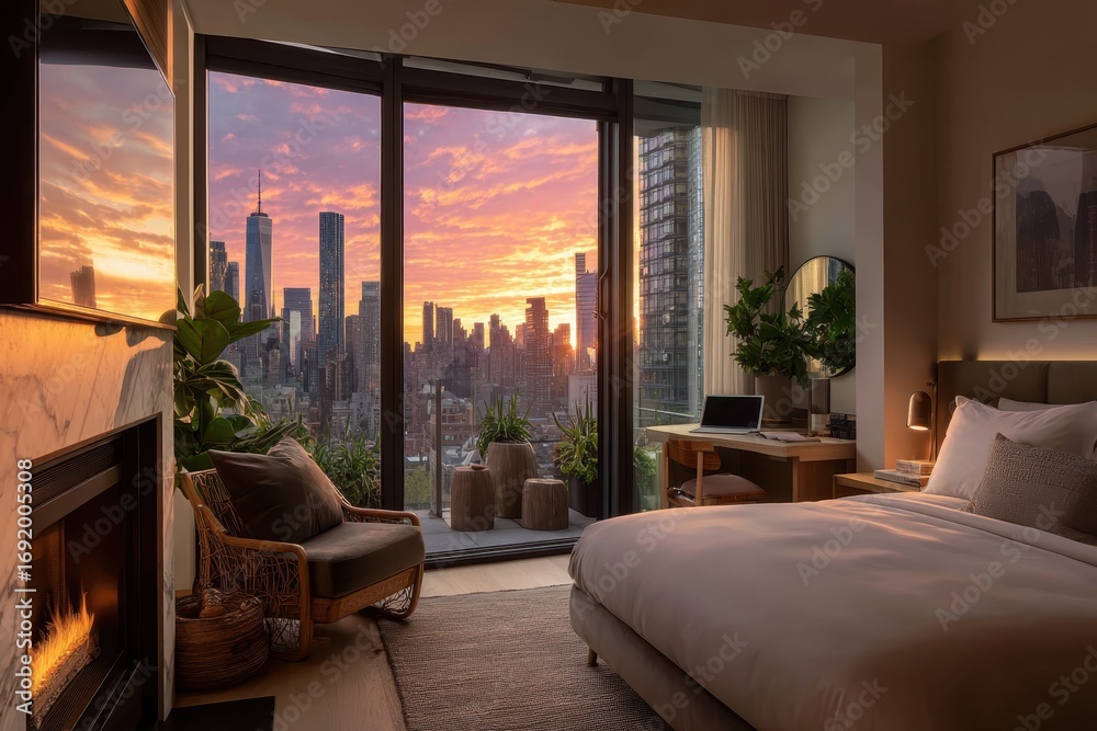 Fototapeta premium Modern Bedroom with Stunning City Skyline Sunset View