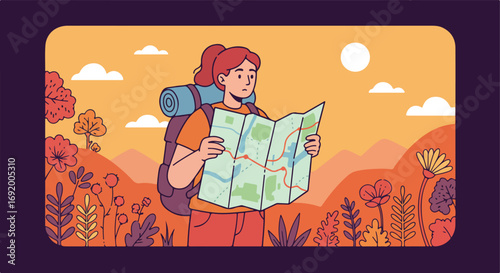 Lost Hiker A backpacker consults a map, amidst floral scenery