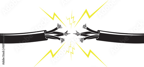 Vector art of severed electrical wires with sparks flying, symbolizing a short circuit or danger