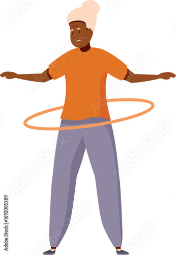 Elderly woman using hula hoop, promoting an active and healthy lifestyle for seniors through exercise and fitness