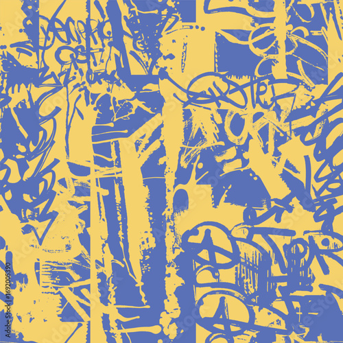 Monochrome blue and yellow background with wall tag and letters. Abstract spots, spray and splashes painted with an aerosol can, graffiti collage. Street art pattern. Vector seamless wallpaper