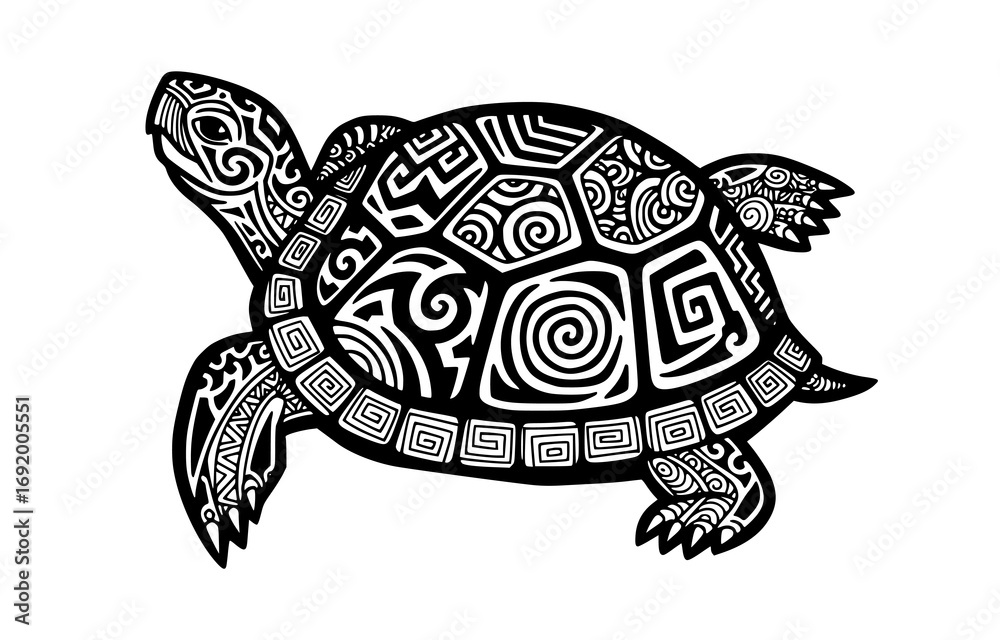 Fototapeta premium Tribal turtle with intricate patterns isolated on white background