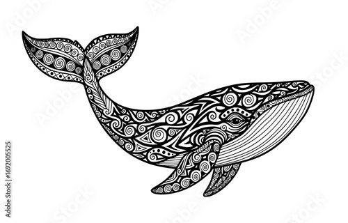 Intricate black and white whale art isolated on white background
