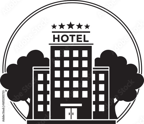 Vector art of black and white icon of a fivestar hotel building with trees on either side, enclosed in a circular frame