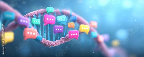A colorful representation of DNA intertwined with vibrant speech bubbles, symbolizing communication and genetic information exchange.