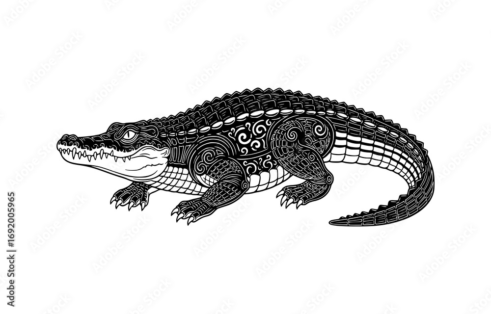 Fototapeta premium Black and white illustration of a crocodile with tribal patterns, isolated on white background
