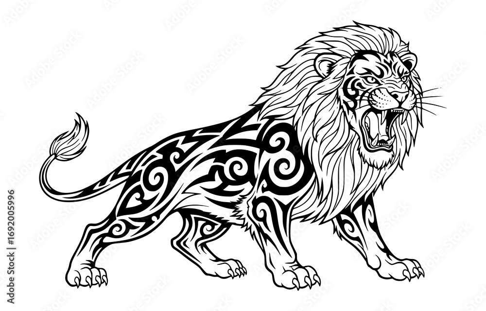 Obraz premium Aggressive lion with tribal markings, roaring, isolated on white background
