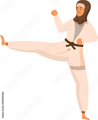 Athletic female athlete practicing martial arts, wearing hijab and white keikogi, executing a powerful kick