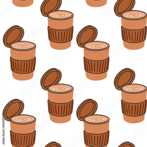 Seamless vector pattern with takeaway coffee cups with lids, flat style repeating background for branding, packaging and textile