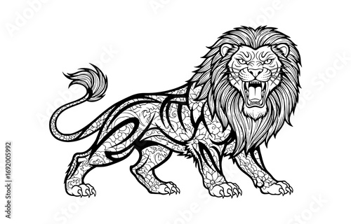 Fierce lion with tribal patterns, roaring aggressively, isolated on white background