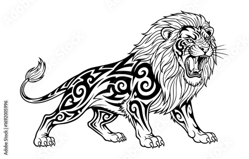 Aggressive lion with tribal markings, roaring, isolated on white background