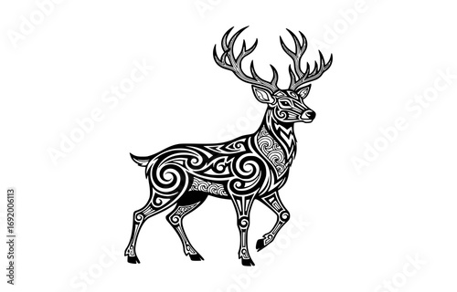 Ornate stag with intricate tribal patterns, isolated on white background