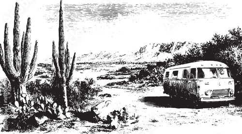 Cactus and camper van in a desert landscape with vintage ink drawing style. Black and white vector illustration with horizon and nature elements.