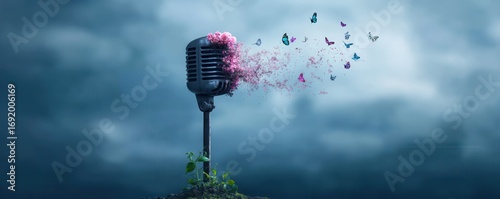 A vintage microphone surrounded by vibrant butterflies and pink petals, symbolizing creativity and transformation in a whimsical atmosphere.