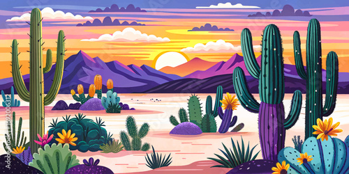 Sonoran Desert in USA and Mexico, saguaro cactus, desert wildlife, colorful sunsets, iconic landscapes