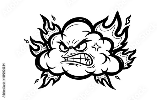 Angry cartoon cloud with flames isolated on white background
