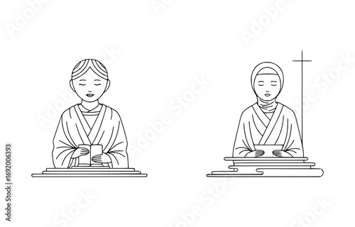 Two figures in traditional attire praying at altars isolated on white background