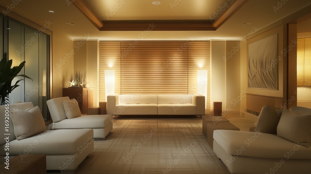 Fototapeta premium Contemporary stress-relief living room featuring clean lines, light colors, comfortable seating, and subtle lighting for a calming effect