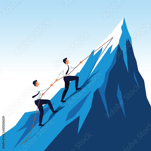 Vector art of two businessmen climbing a steep mountain together, one pulling the other up with a rope, symbolizing teamwork and success