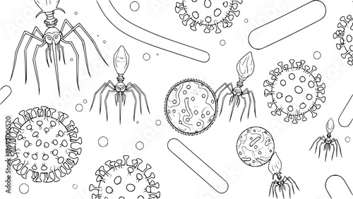 Seamless pattern of bacteriophages, viruses, and bacteria on a white background