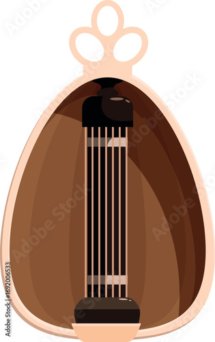 Close up of an oud, highlighting the instrument's internal structure, strings, and soundboard