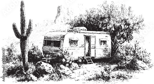 Caravan and cactus in a vintage desert landscape. Black and white ink drawing, detailed handdrawn vector illustration.