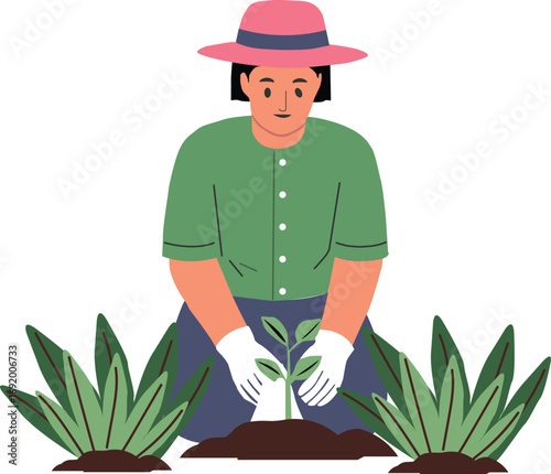 Vector art of gardener planting a small seedling in rich soil, wearing gloves and a pink hat, surrounded by green plants