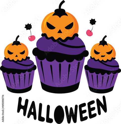 Halloween cupcakes with pumpkin toppers and purple frosting for festive celebrations