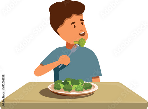 Cute boy eating broccoli with a fork, promoting healthy eating habits for children
