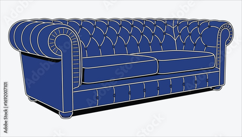 Elegant blue Chesterfield sofa with button tufting, ideal for living rooms and interior design projects