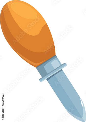 Cobbler's awl with orange handle piercing through a piece of leather, crafting and shoemaking tool