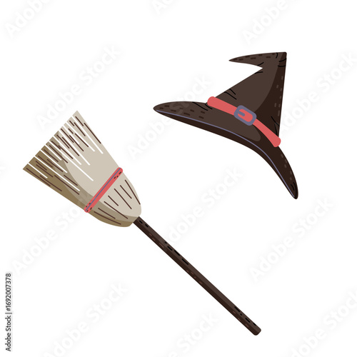 Halloween celebrations, trick and treat, hat and broomstick