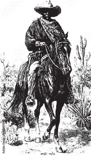 Cowboy riding a horse with a hat and scarf in a western desert. Black and white vintage line art vector illustration.
