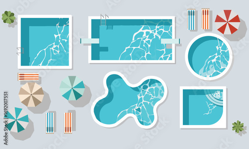 Vector art of top view of a collection of swimming pools in various shapes and sizes with umbrellas and towels