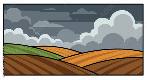 Cropland fields under dark sky, green, brown, orange fields