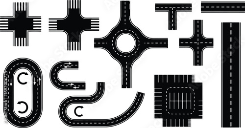 Vector art of collection of various road intersection types and road segments