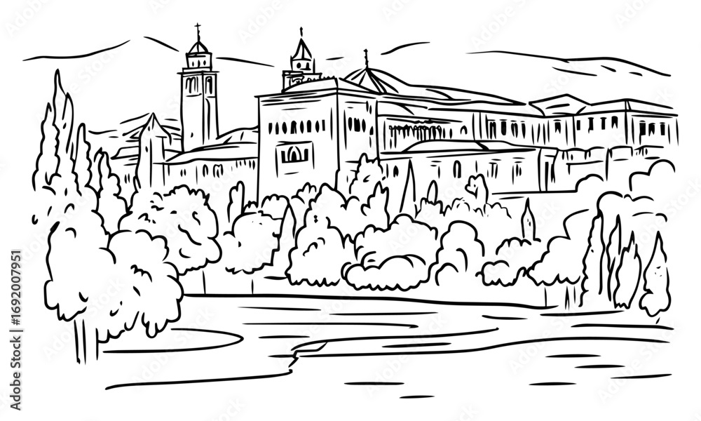 Obraz premium Historic Hilltop Palace with Towers and Garden Trees – Hand‑Drawn European Heritage Landmark Landscape Vector Illustration