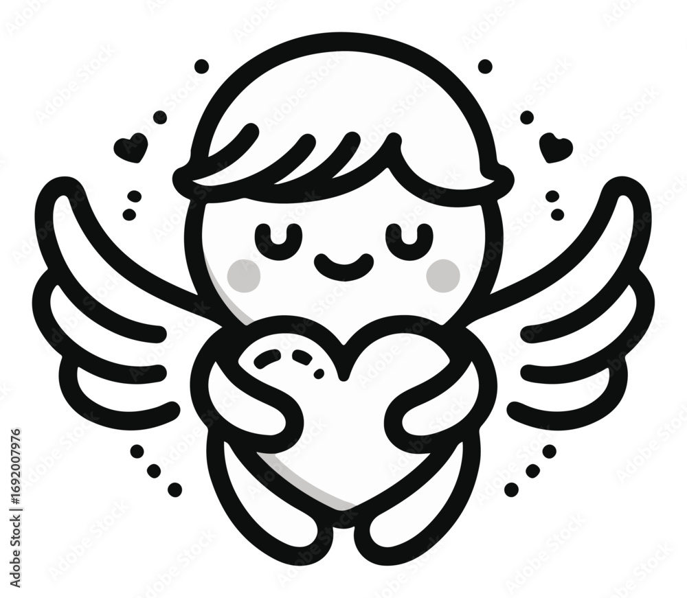 Fototapeta premium Cute Cartoon Angel Holding Heart – Adorable Winged Cherub Love Icon, Kawaii Line Art Vector Illustration
