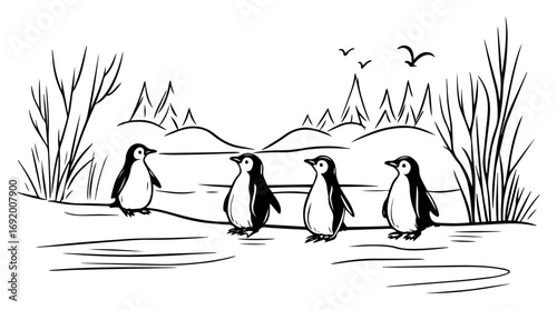 Four Penguins Walking Along Icy Pond in Snowy Forest Landscape – Cute Antarctic Birds Hand‑Drawn Black and White Vector Illustration