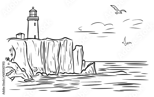 Tall Coastal Lighthouse on Dramatic Sea Cliff – Hand‑Drawn Maritime Beacon Landscape Vector Illustration in Black and White